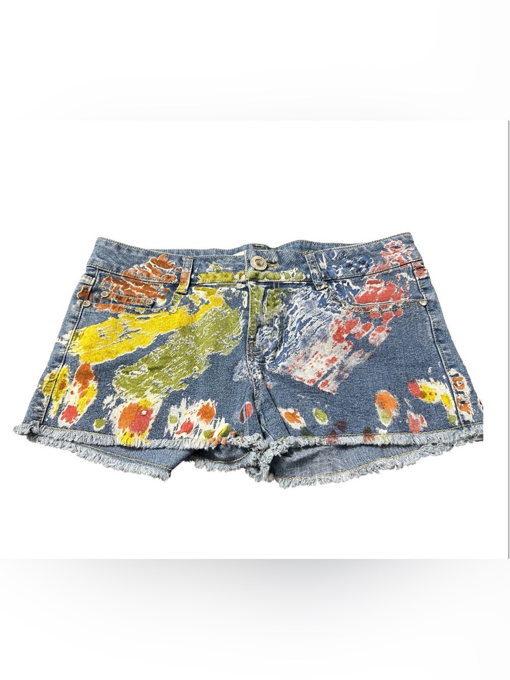 Paint-Splatter Denim Shorts in Blue with Multicolor Accents